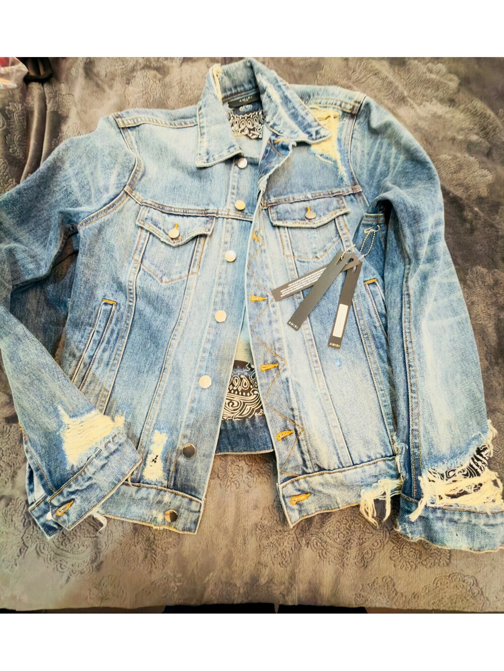 Amiri Distressed Light Blue Denim Jacket with Bandana Detail